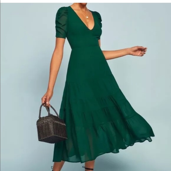 REFORMATION EMERALD GREEN COSA DEEP V-NECK MIDI - Picture 1 of 5